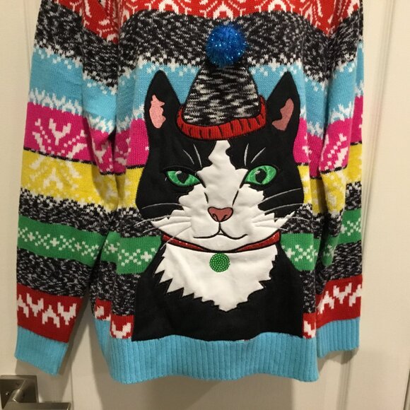 Holiday Hype Cat Christmas Sweater Pom Pom Hat Multicolor Fair Isle Festive Sz L - Picture 3 of 11